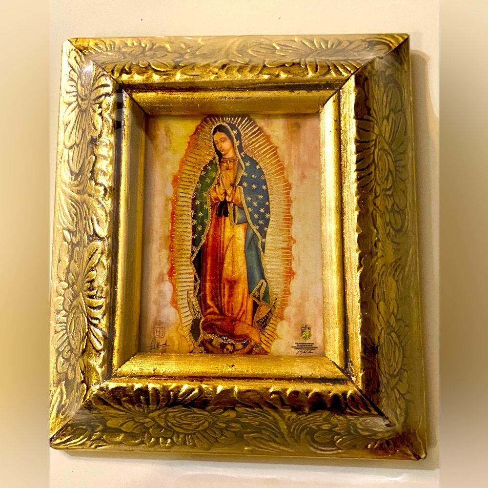 Our Lady of Guadalupe Religious Wall Art in Gold Frame, NEW 9’x8”x2” MEXICO